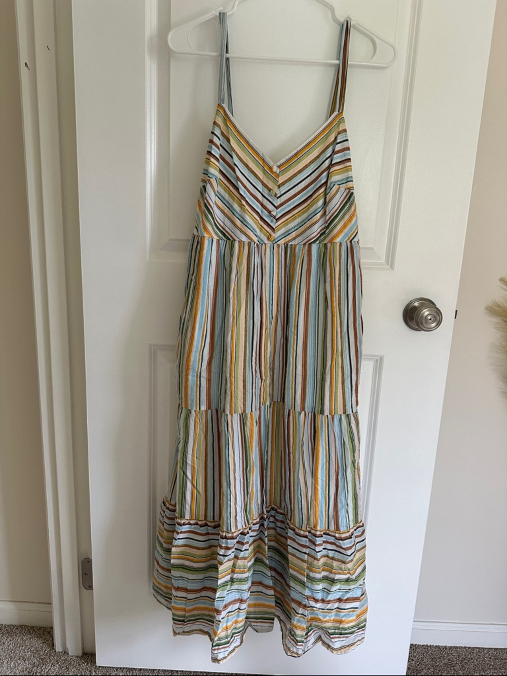 LC Lauren Conrad Striped Tiered Midi Dress in Blue, Yellow, Green, Brown